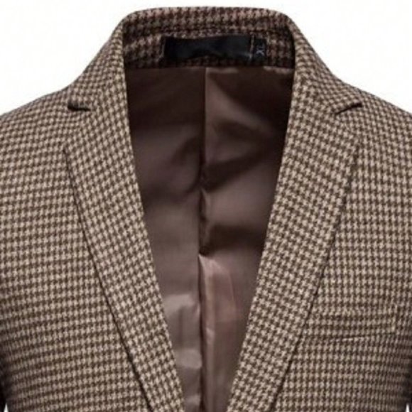 Brown Casual Mens Houndstooth Single Button Tweed Blazer - Picture 3 of 3
